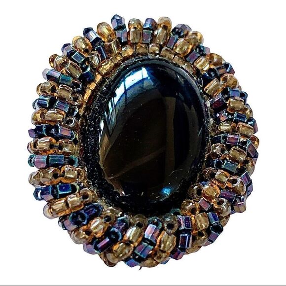 Black onyx gold blue hand beaded oval pierced earrings Artist designed Vtg - Picture 4 of 4